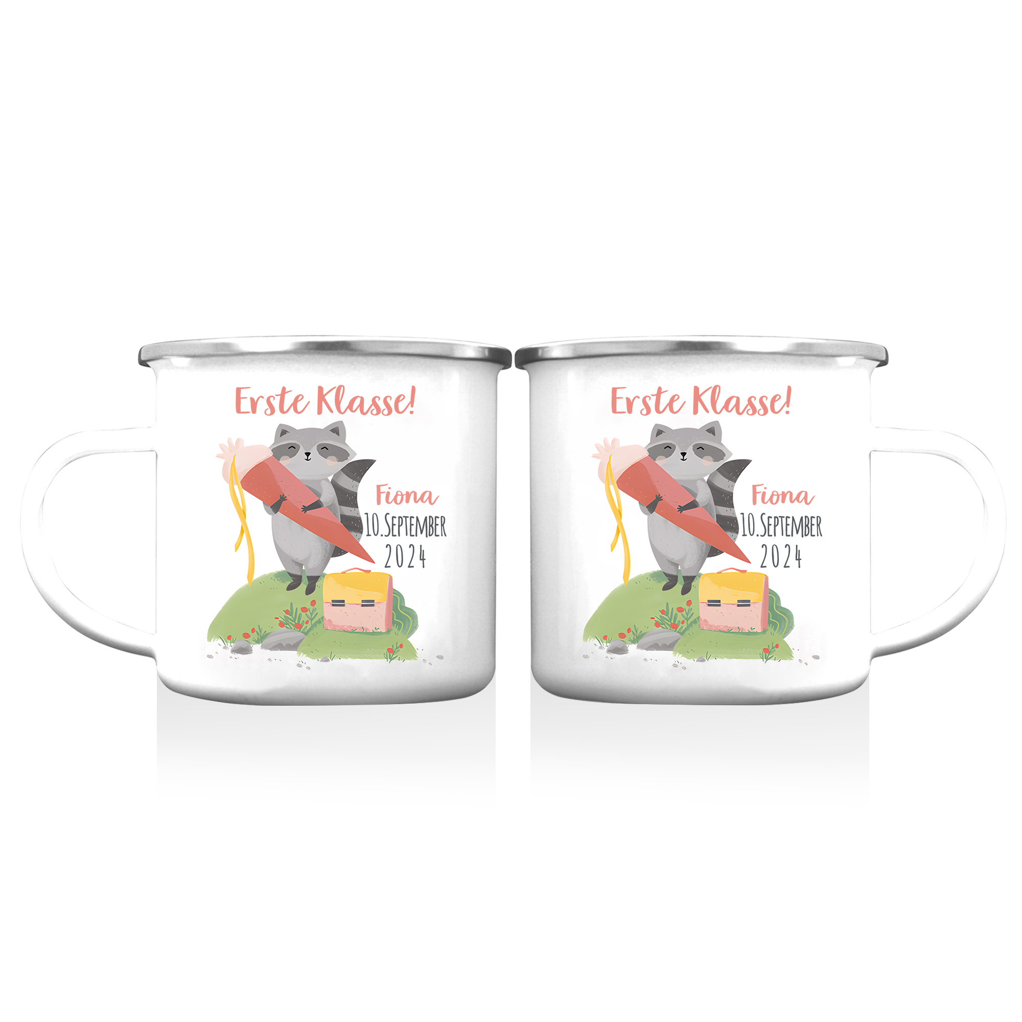 Emaille Tasse-Personalisierter Name & Datum Waschbären Becher -Erste Klasse - Geschenk zum Schulanfang