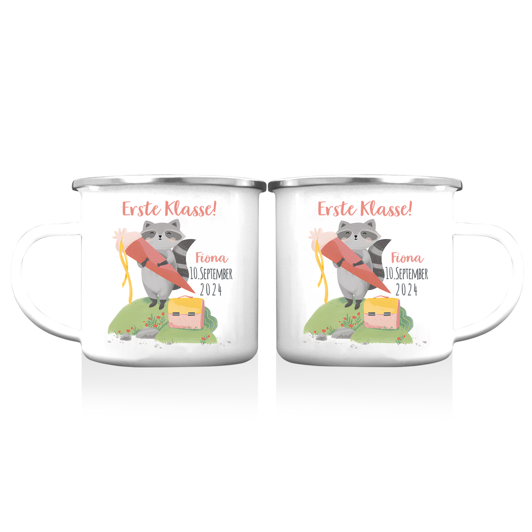 Emaille Tasse-Personalisierter Name & Datum Waschbären Becher -Erste Klasse - Geschenk zum Schulanfang