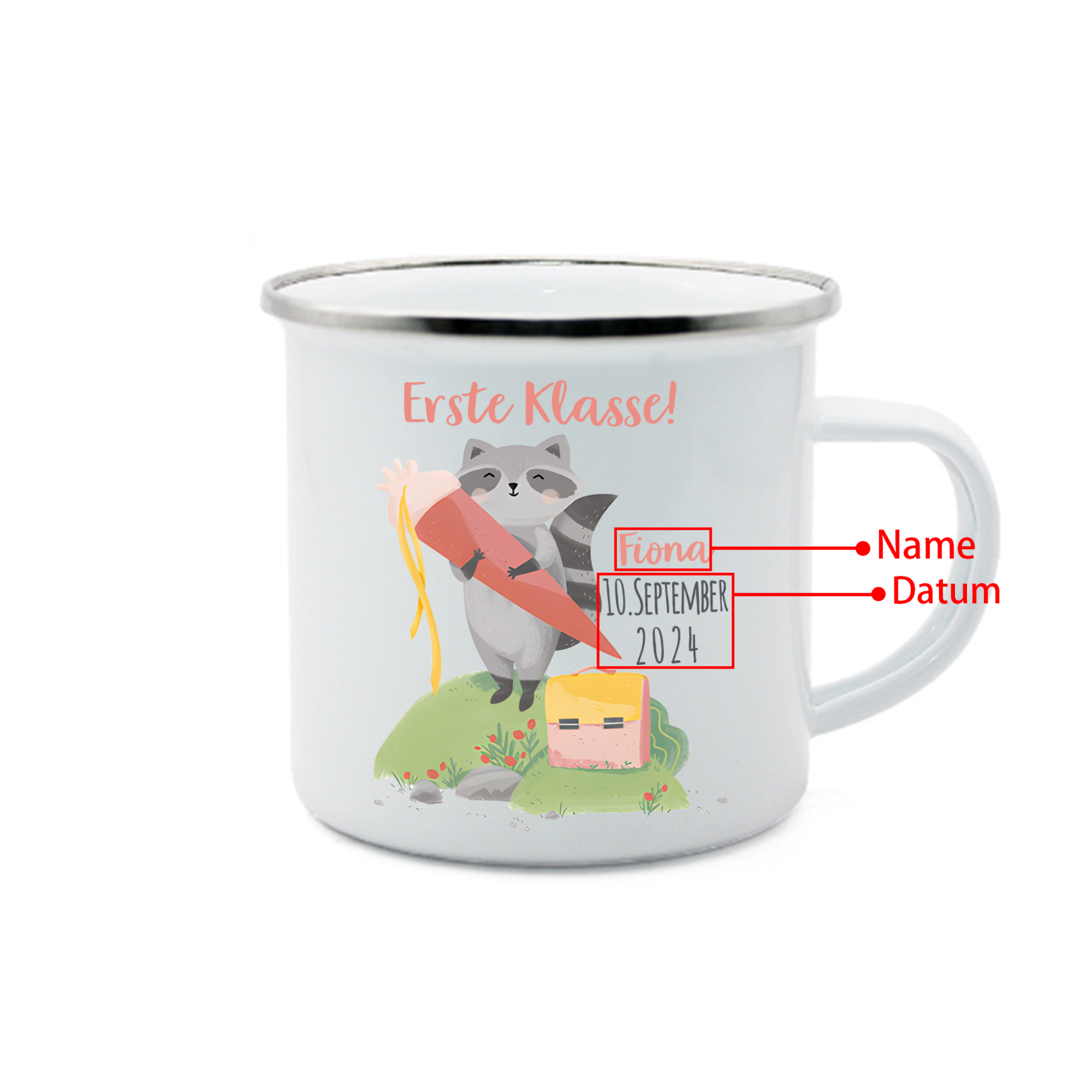 Emaille Tasse-Personalisierter Name & Datum Waschbären Becher -Erste Klasse - Geschenk zum Schulanfang