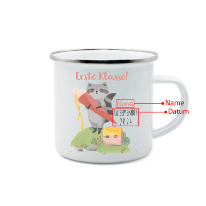 Emaille Tasse-Personalisierter Name & Datum Waschbären Becher -Erste Klasse - Geschenk zum Schulanfang