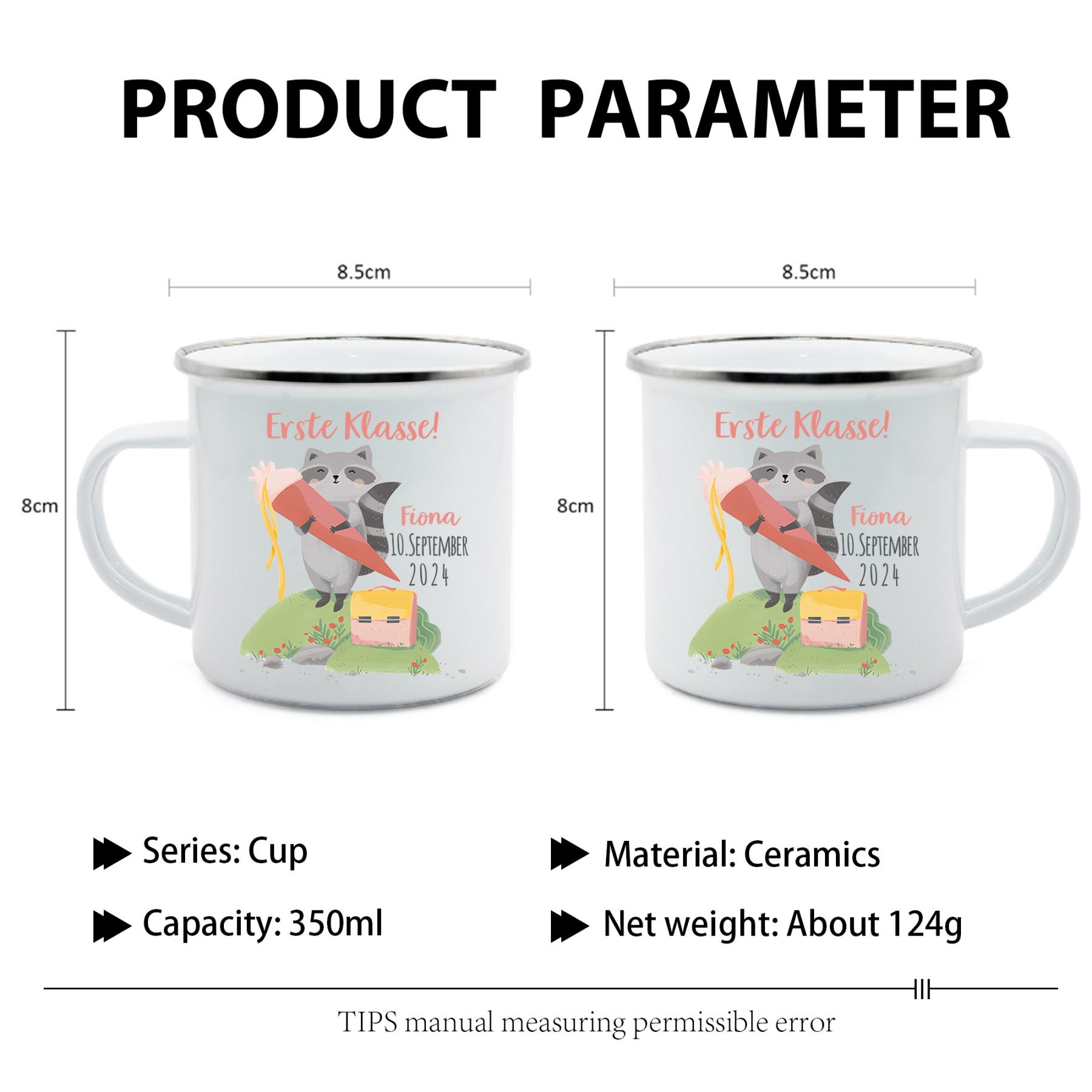 Emaille Tasse-Personalisierter Name & Datum Waschbären Becher -Erste Klasse - Geschenk zum Schulanfang