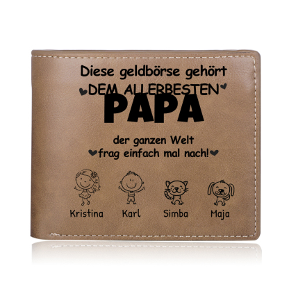 Herren Personalisierte 1-8 Namen- Leder Geldbörse mit Vater und Kind- Geschenk für Papa zum Vatertag