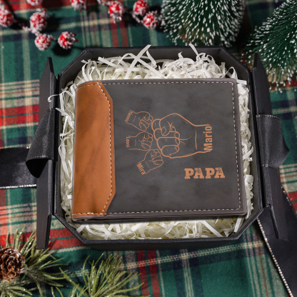 Herren Personalisierte 2-9 Namen & Text Papa Faust Leder Geldbörse-Geschenk für Vater / Opa