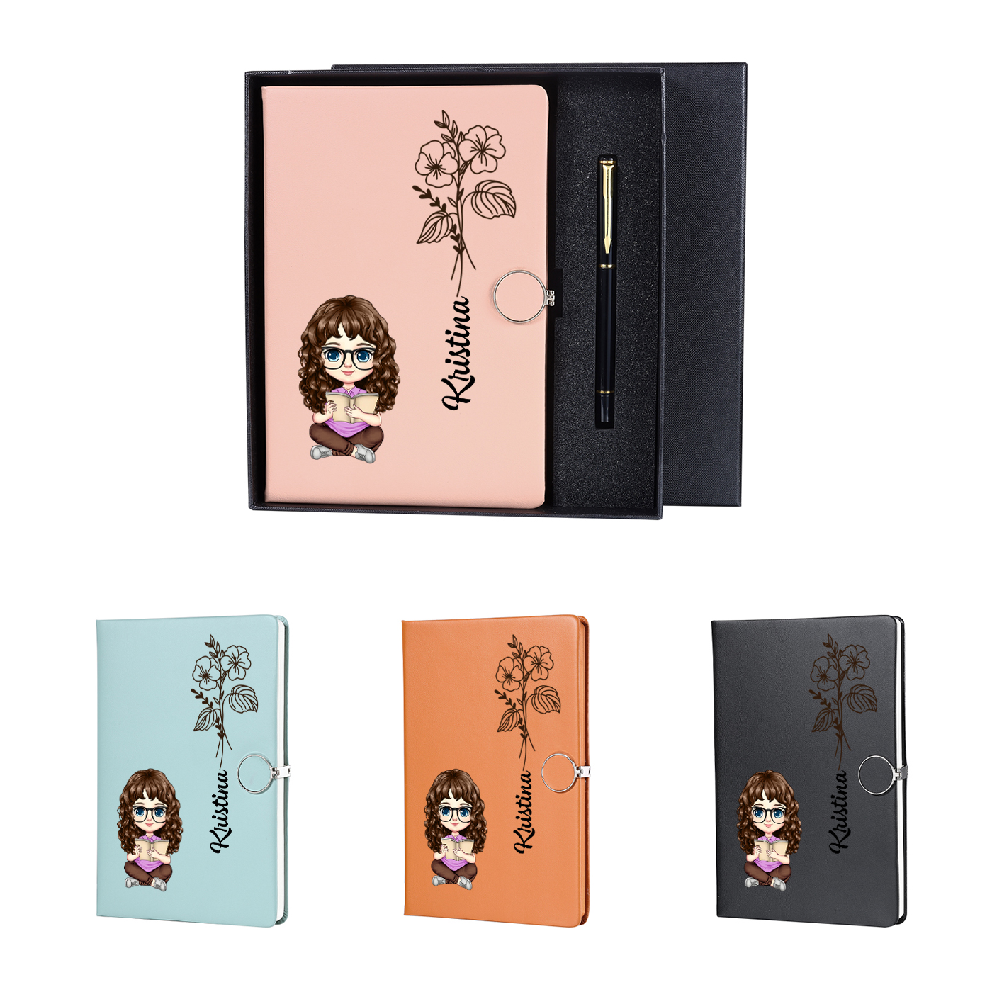 Personalisierbare Muster & Geburtsblume auf dem Notizbuch mit Kugelschreiber-Geschenk für Kinder zur Schule