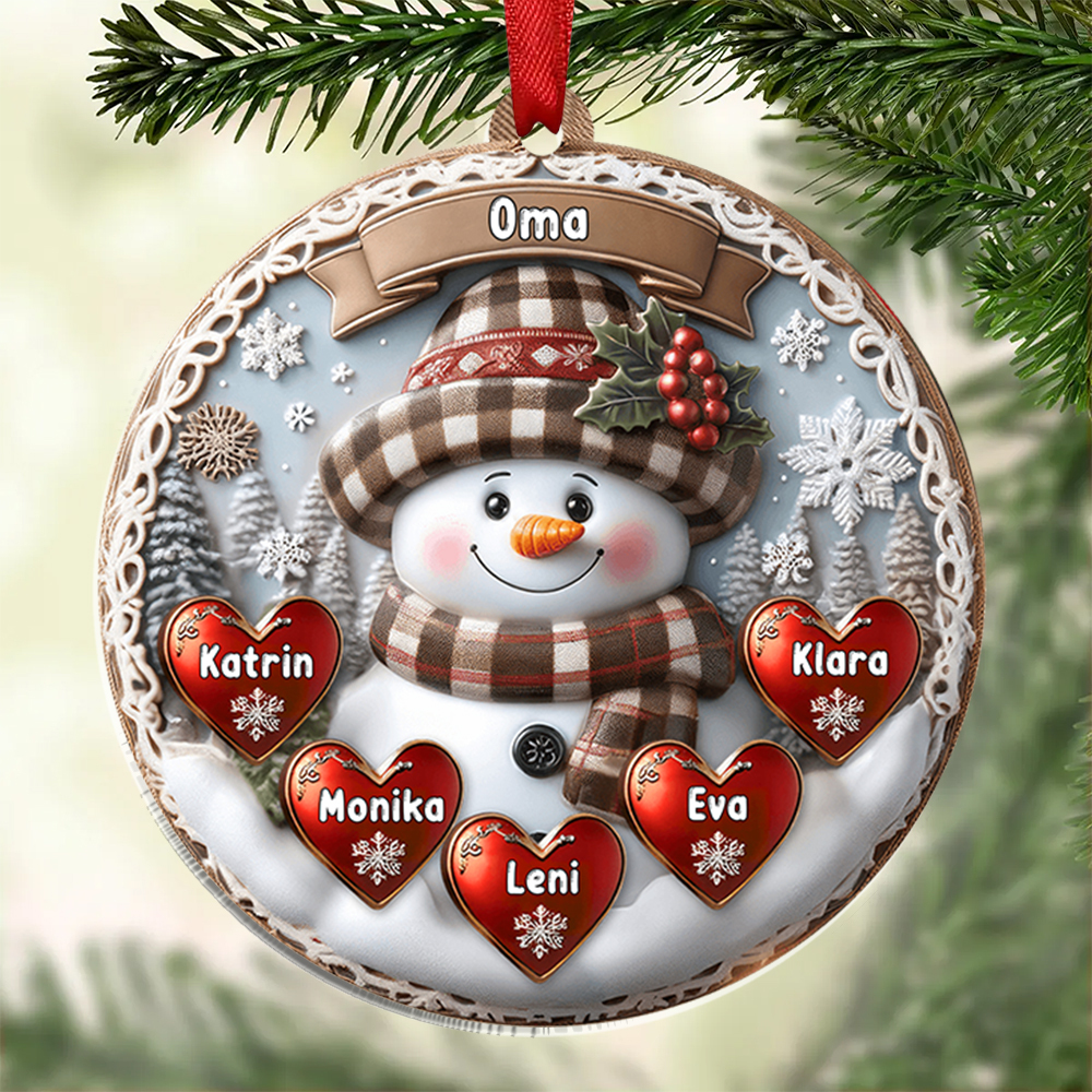 Personalisierte 1-10 Namen Weihnachtsornament Runder Acryl-Anhänger mit Schneemann & Herzen für Oma 
