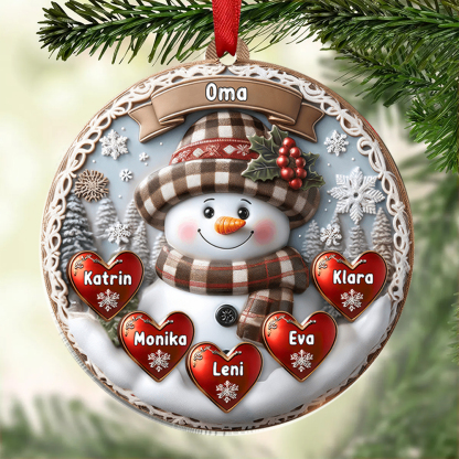 Personalisierte 1-10 Namen Weihnachtsornament Runder Acryl-Anhänger mit Schneemann & Herzen für Oma 