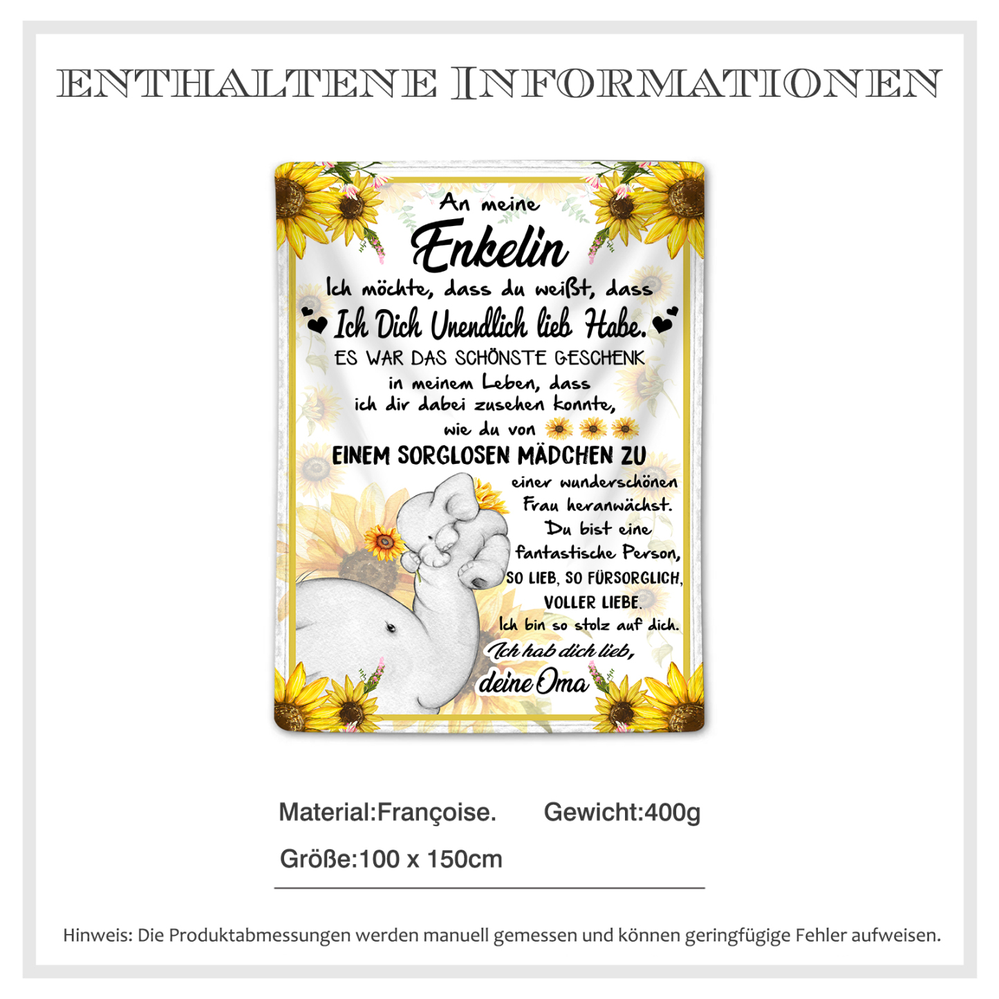 Personalisierte 1-6 Namen Elefant & Sunflower Flanell Decke – Perfektes Geschenk für Enkelin