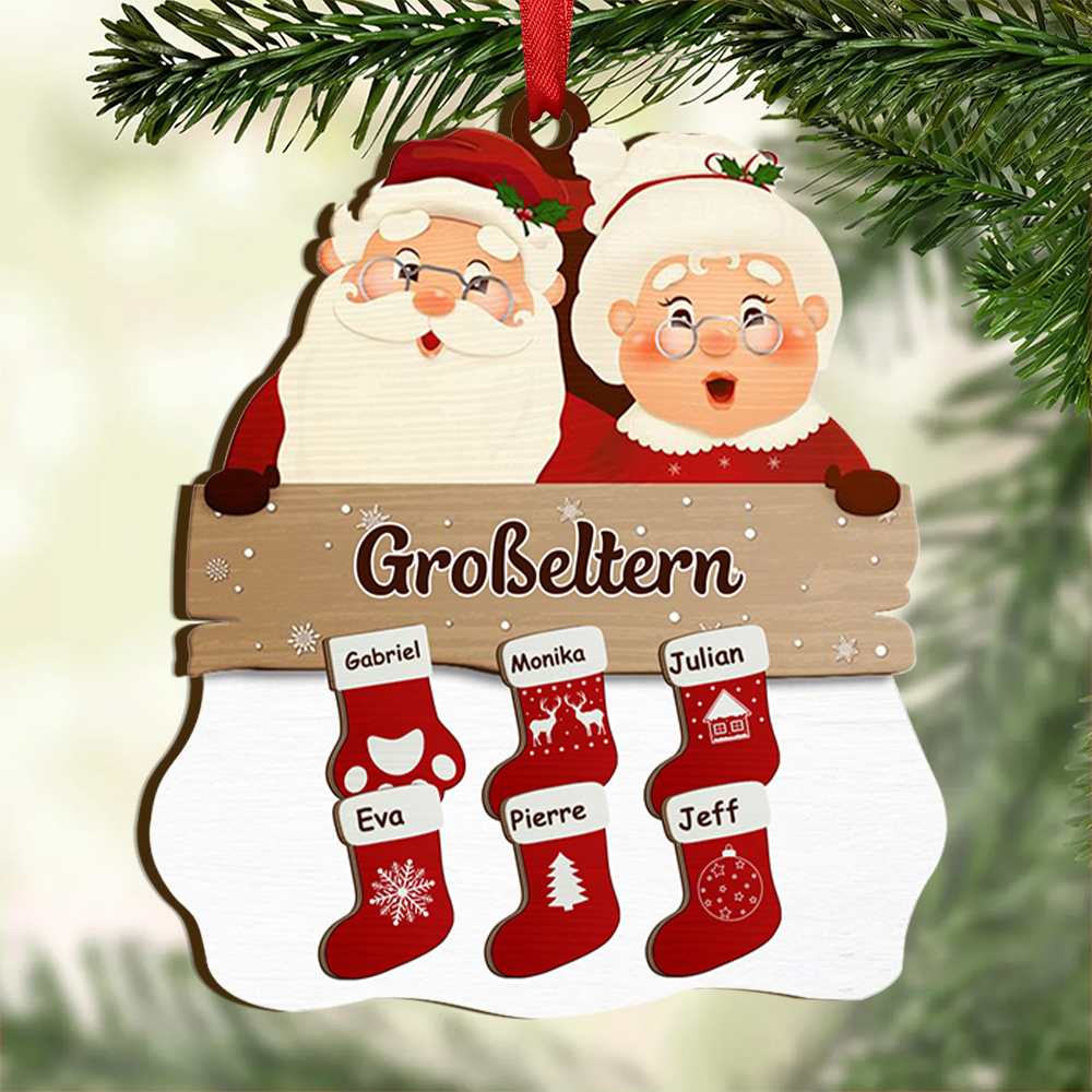 Personalisierter 2-12 Namen & Text Holzanhänger mit Socken Weihnachtsornament für Großeltern