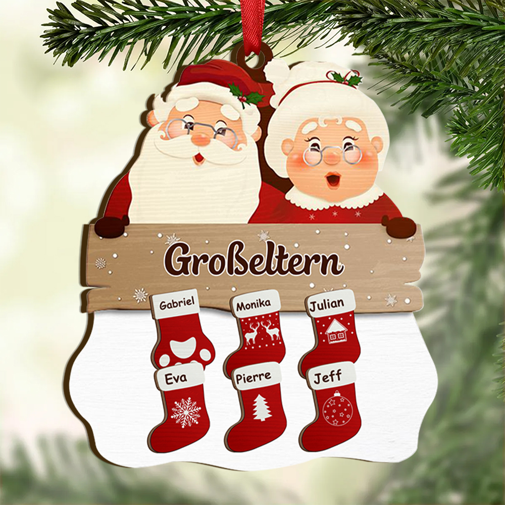 Personalisierter 2-12 Namen & Text Holzanhänger mit Socken Weihnachtsornament für Großeltern