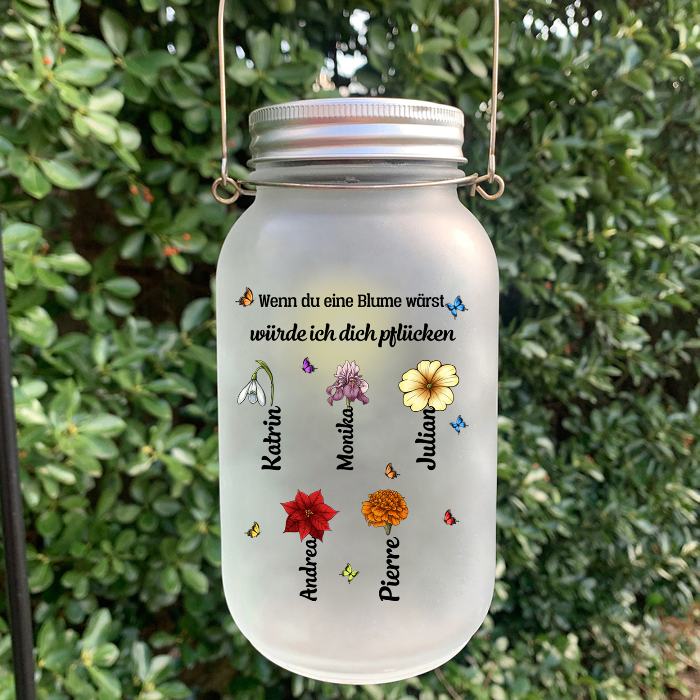 Personalisierte 1-10 Namen & 2 Texte Licht mit Blumen - Wenn du eine Blume wärst, würde ich dich pflücken - Glasflaschen