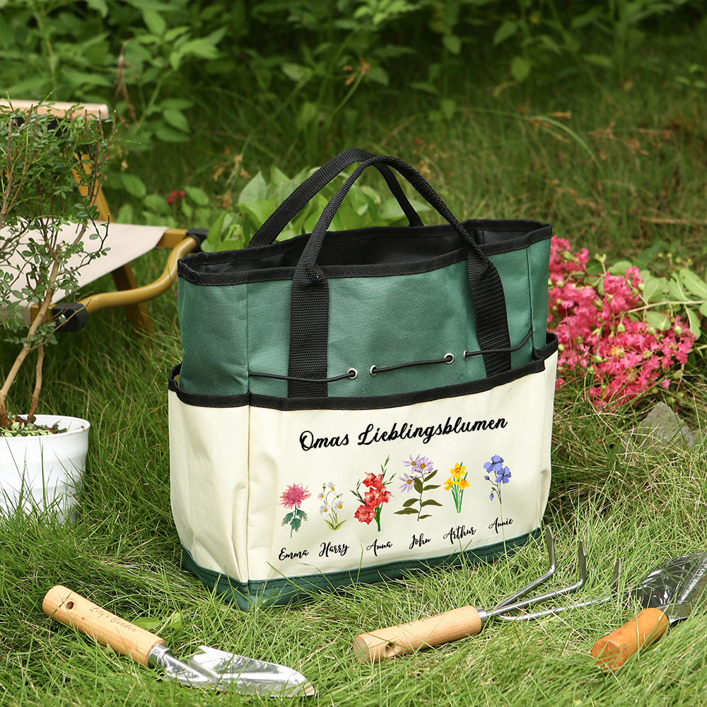 Personalisierte 2-8 Namen & Geburtsblumen & Text Gartentasche Familie große kapazität Gartentasche für Gartenwerkzeug nähen