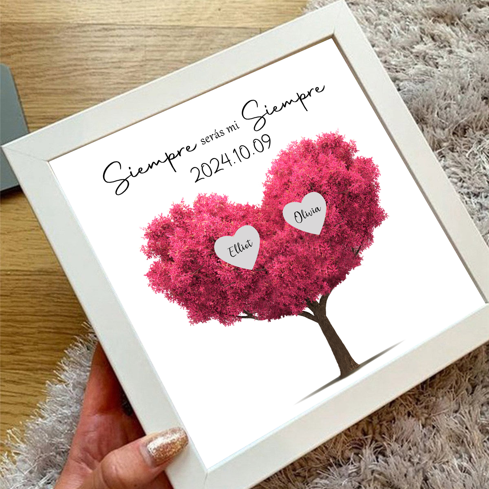 Personalisierbarer Text & 2 Namen & Datum Kunststoff-Bilderrahmen Deko – Herzbaum Ornament für Paar