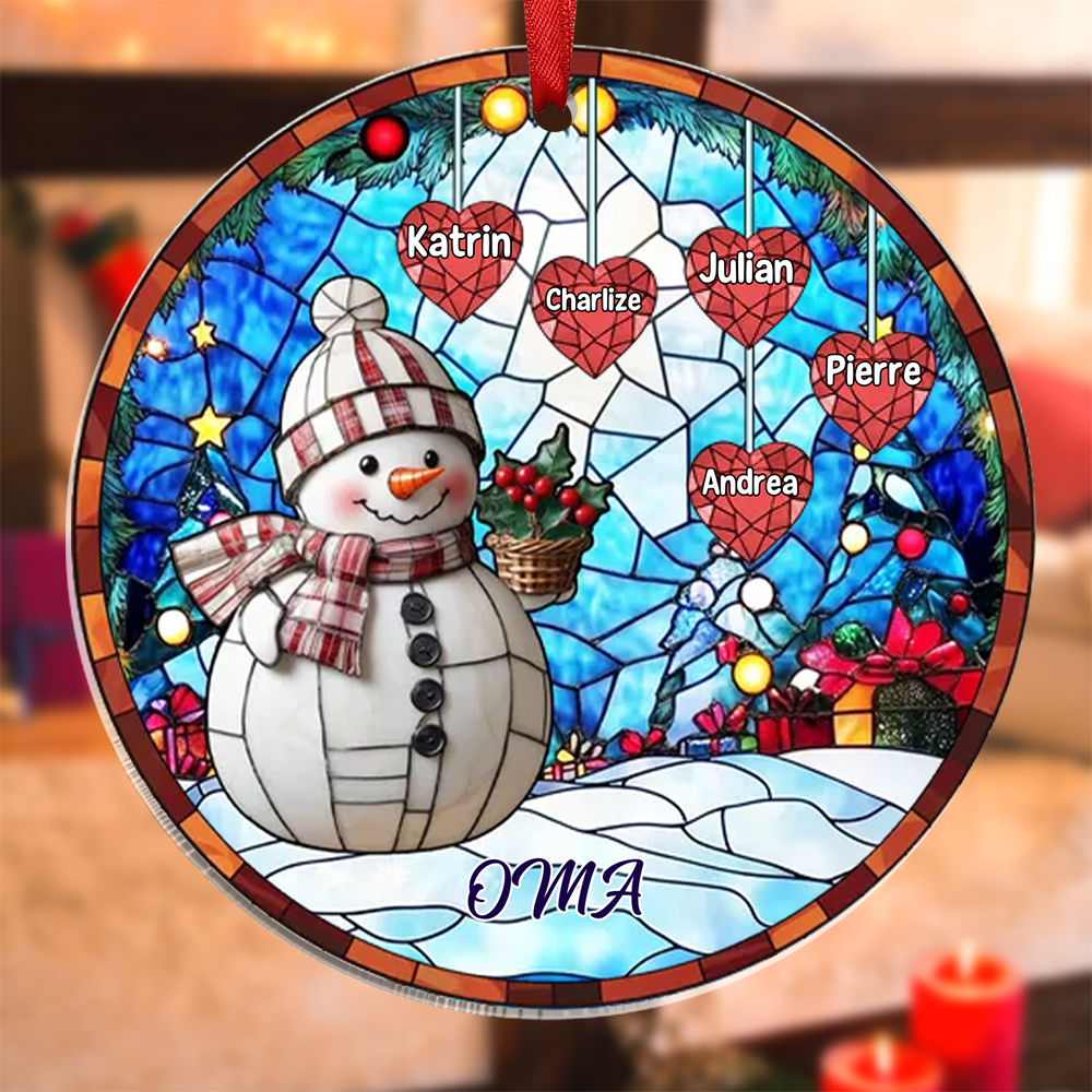 Personalisierte 1-10 Namen Weihnachtsornament Runder Acryl-Anhänger mit Schneemann & Herzen für Oma Großmutter