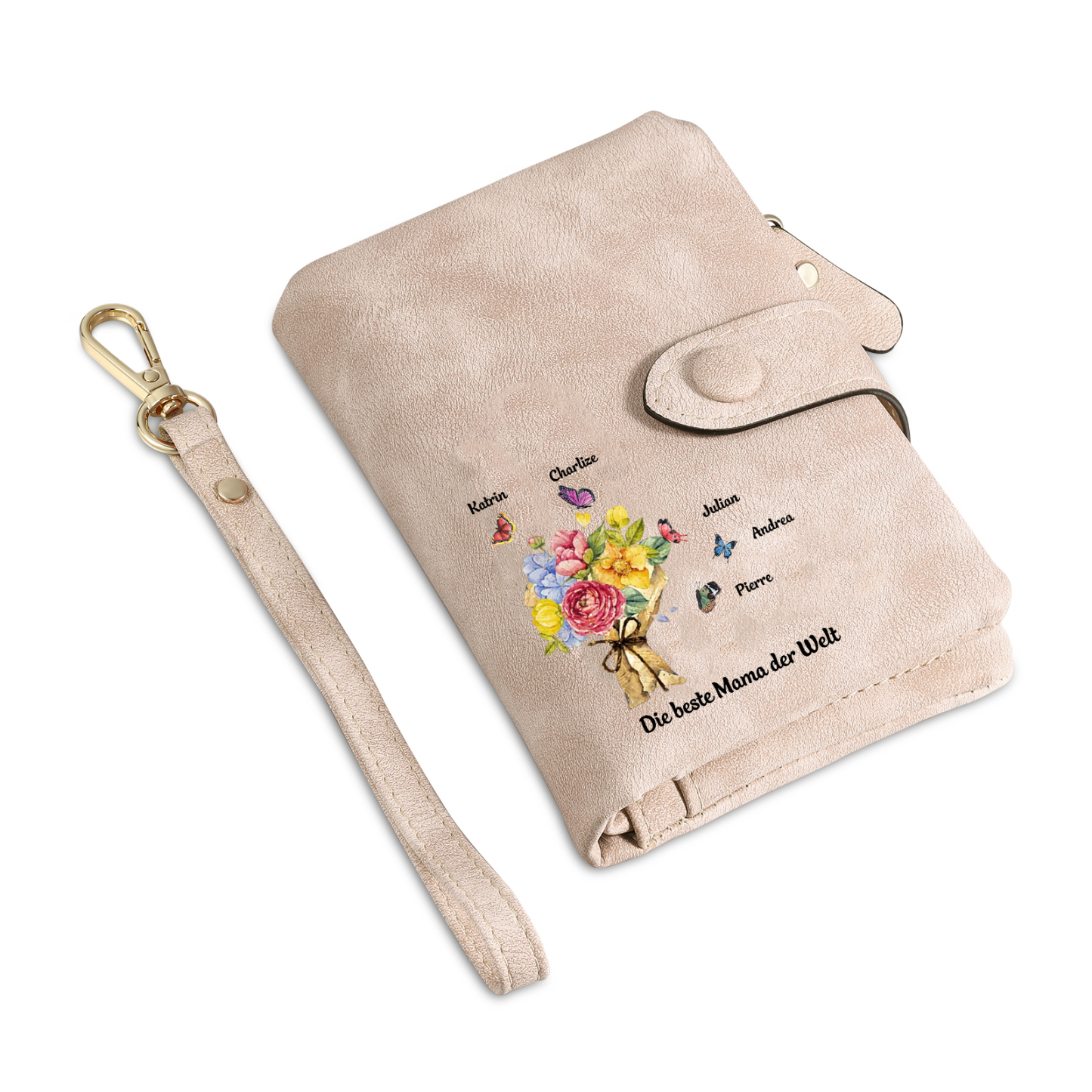 Damen Personalisierte 1-6 Namen & Text Blumen & Schmetterling PU Leder Geldbörse für Mama