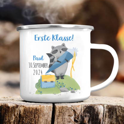 Emaille Tasse-Personalisierter Name & Datum Waschbären Becher -Erste Klasse - Geschenk zum Schulanfang