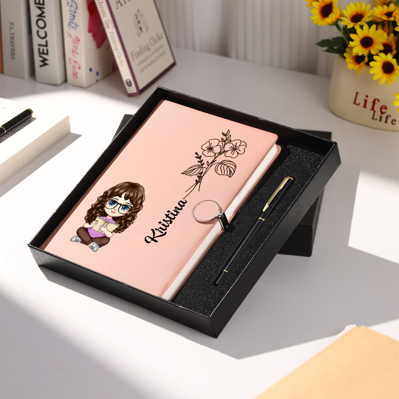 Personalisierbare Muster & Geburtsblume auf dem Notizbuch mit Kugelschreiber-Geschenk für Kinder zur Schule