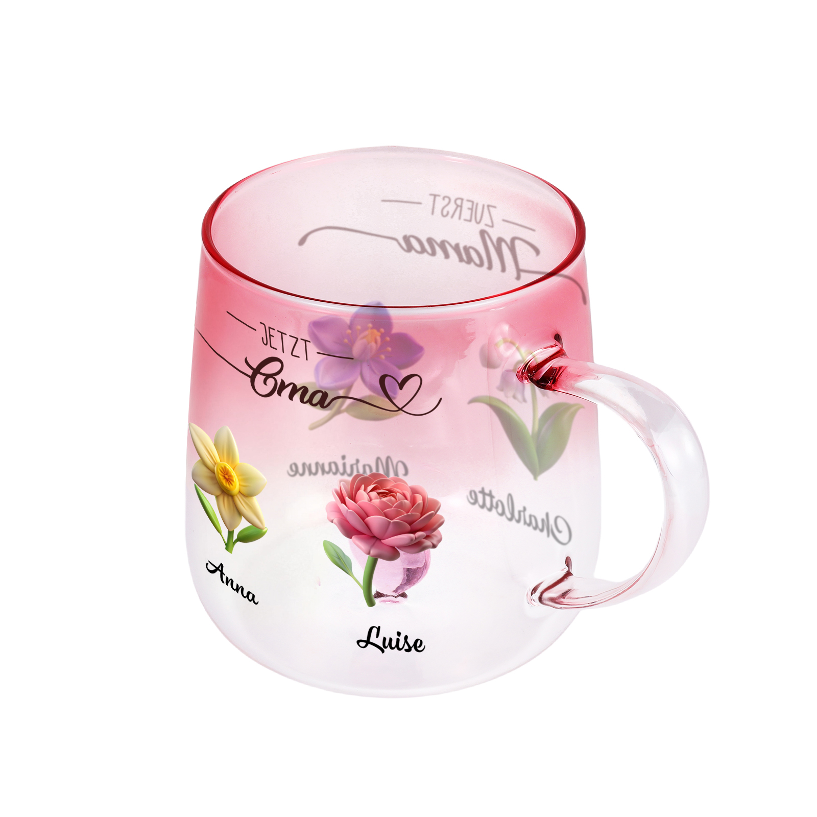 Personalisierte rosa Glas-Tasse mit Blumen & Namen der Kinder für Oma