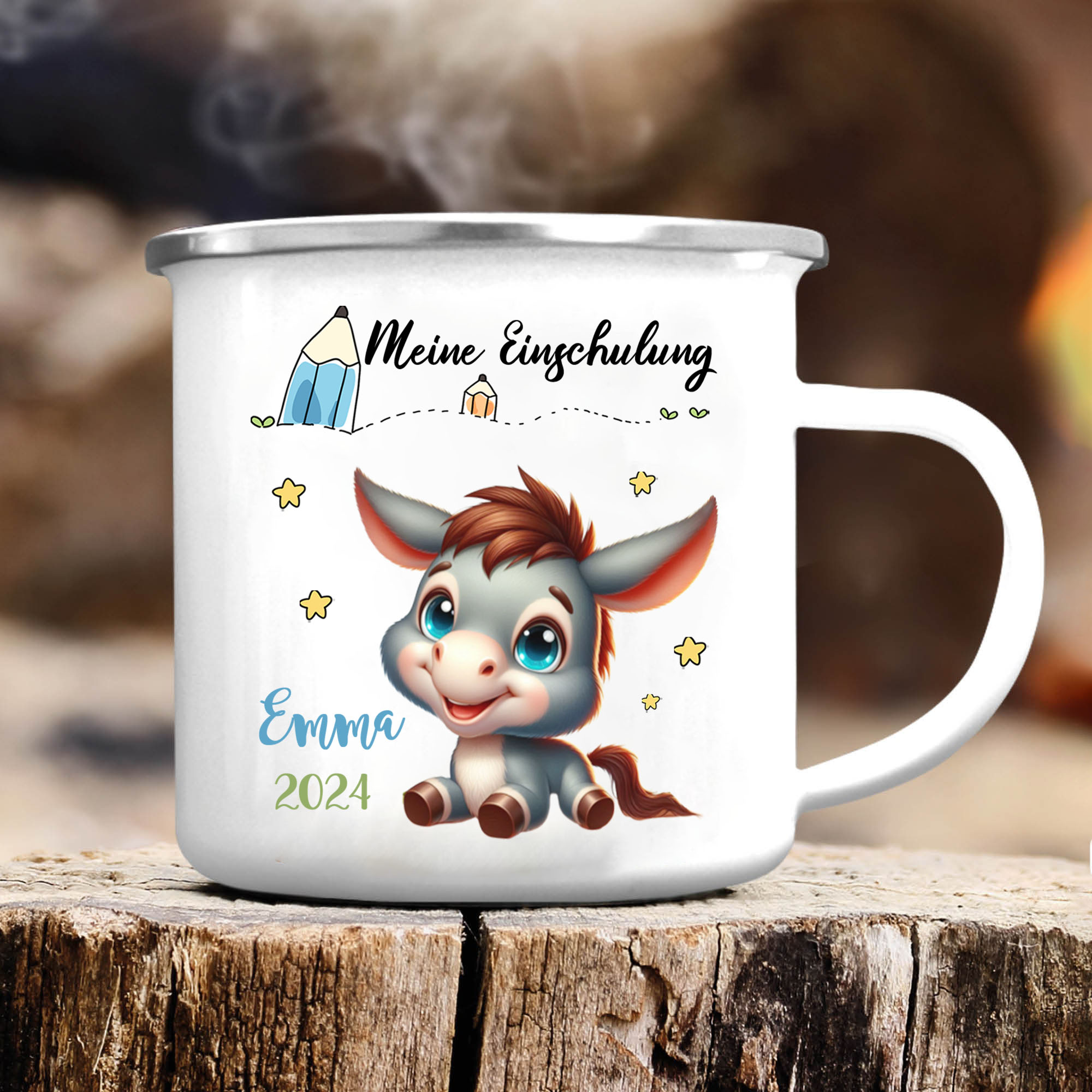 Emaille Tasse-Personalisierter Name & Datum Eselchen Becher -Meine Einschulung- Geschenk zum Schulanfang