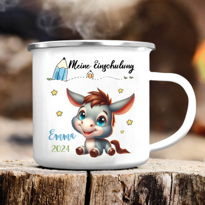 Emaille Tasse-Personalisierter Name & Datum Eselchen Becher -Meine Einschulung- Geschenk zum Schulanfang