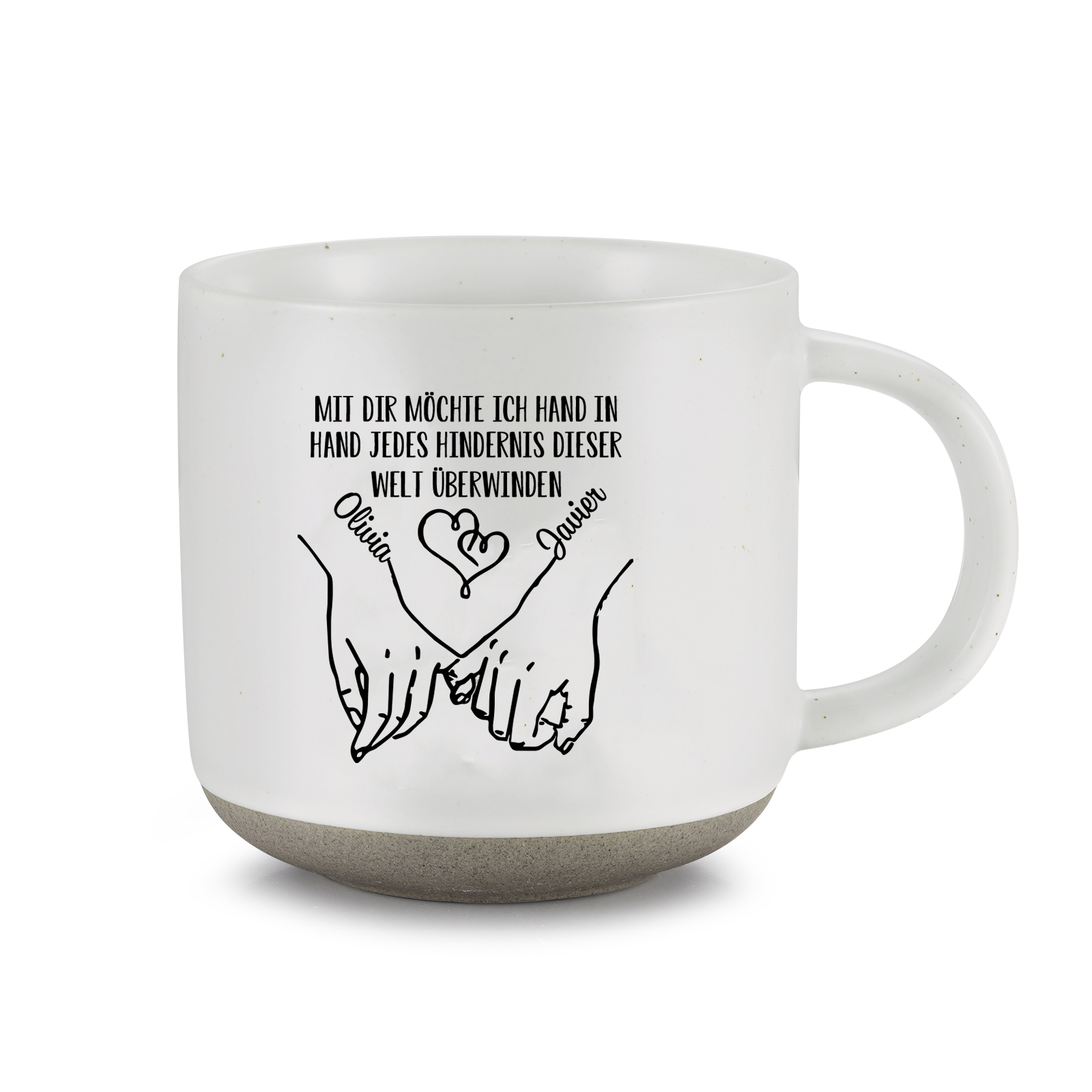 Personalisierte 2 Name & Text Hand-in-Hand Keramik Mark-Tasse mit schwarzer/ weißer Schrift– Einzigartiges Geschenk für Paar