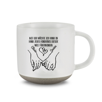 Personalisierte 2 Name & Text Hand-in-Hand Keramik Mark-Tasse mit schwarzer/ weißer Schrift– Einzigartiges Geschenk für Paar