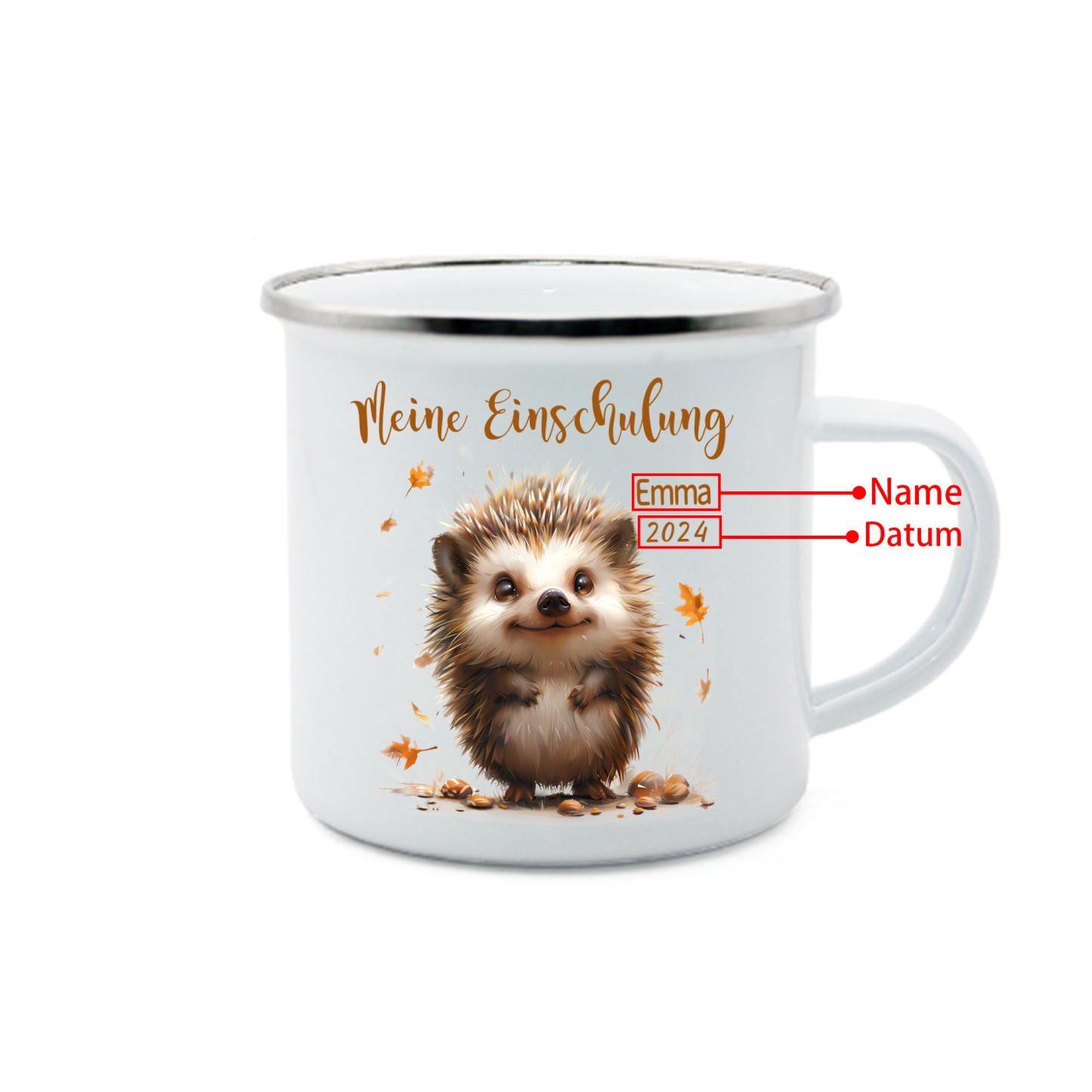 Emaille Tasse-Personalisierter Name & Datum Igel Becher -Meine Einschulung- Geschenk zum Schulanfang