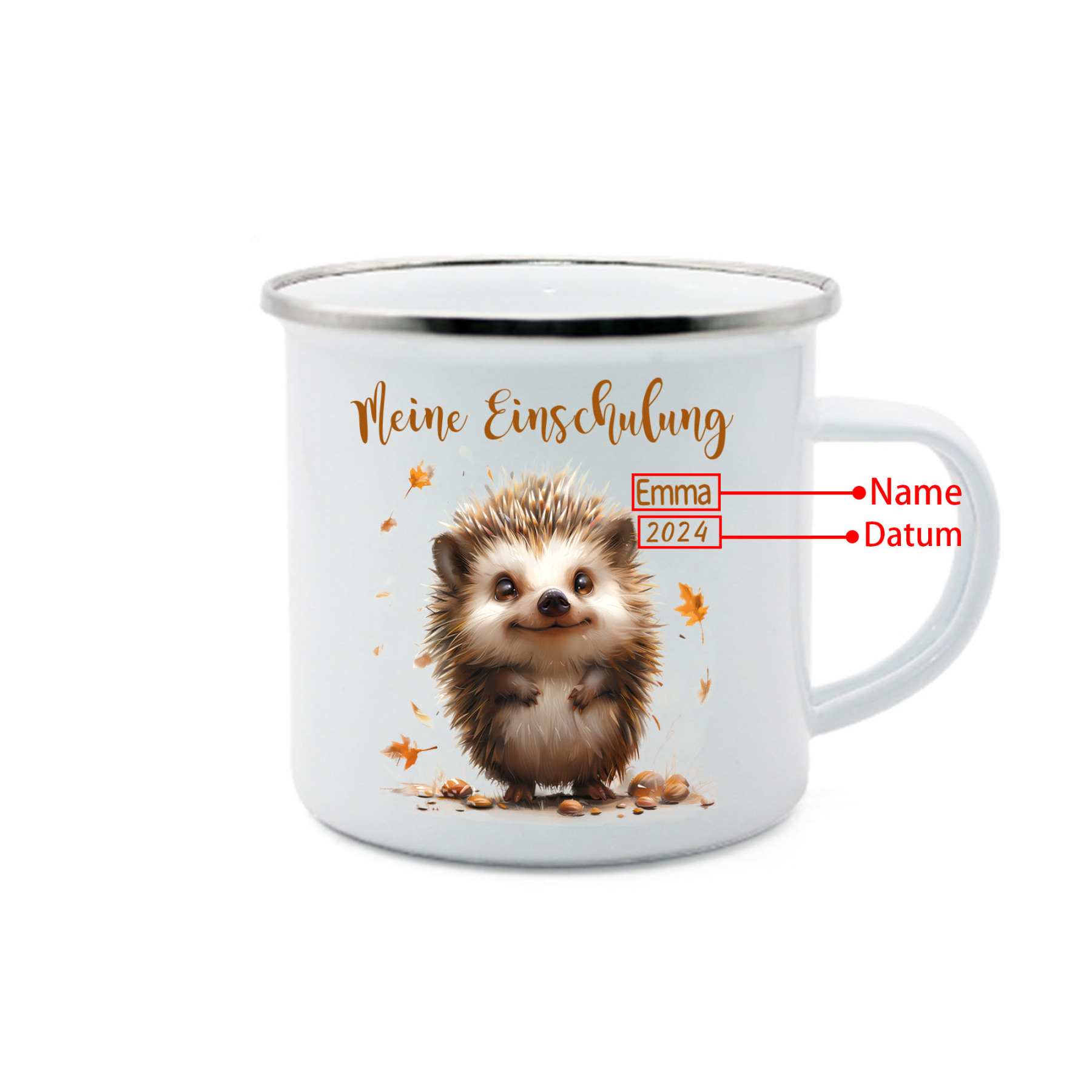 Emaille Tasse-Personalisierter Name & Datum Igel Becher -Meine Einschulung- Geschenk zum Schulanfang