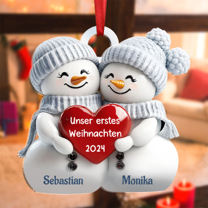 Acryl Weihnachtsornament - Personalisierte 2 Namen & Text Weihnachts-Anhänger mit Schneemann & Herzen für Paar