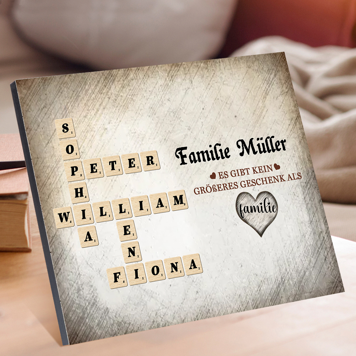 Personalisierte 2-12 Namen Holzbild Rechtsschreibspiel im Kreuzworträtsel-Stil – Liebe Familie – Geschenk für Familie