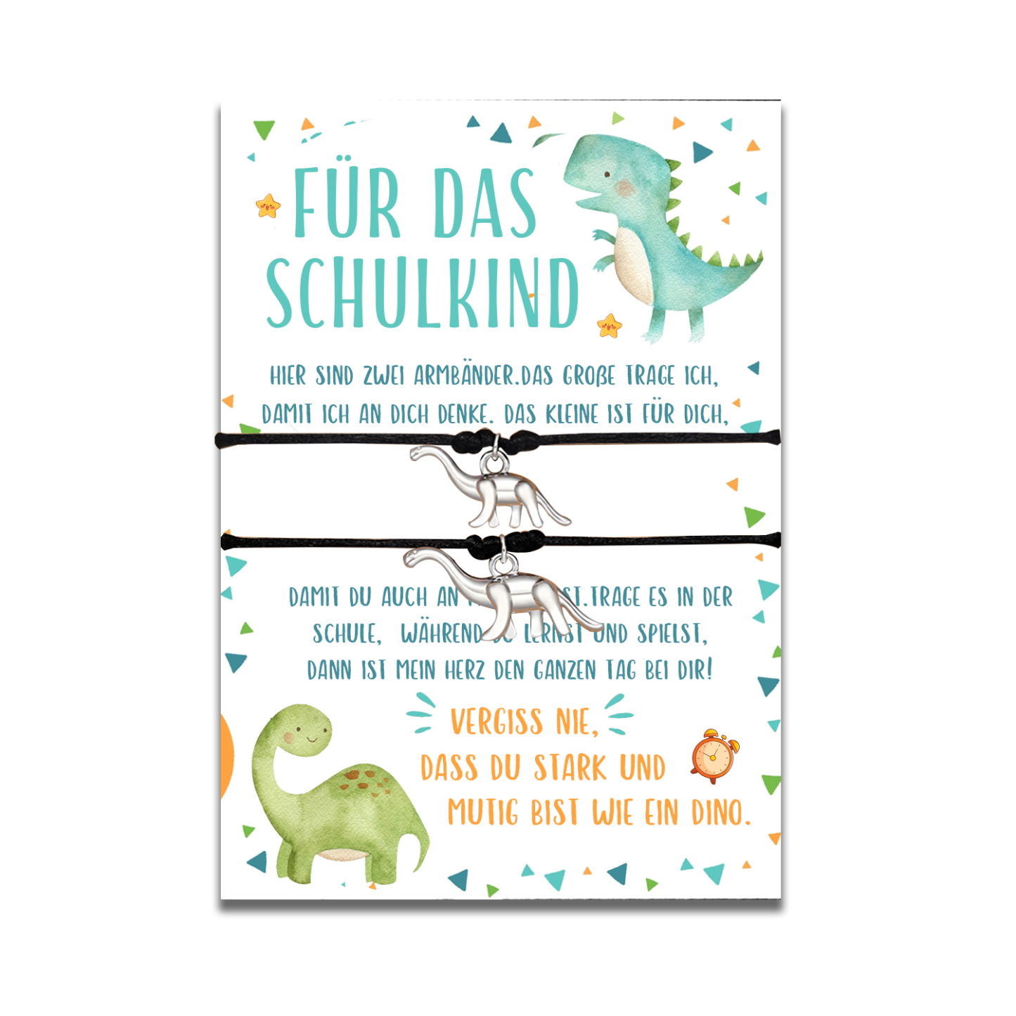 Dinos Armbänder Set mit 2 Ketten Für das Schulkind Vergesst nie, dass du stark und mutig bist wie ein Dino Schulanfang Geschenk mit Nachrichtenkarte