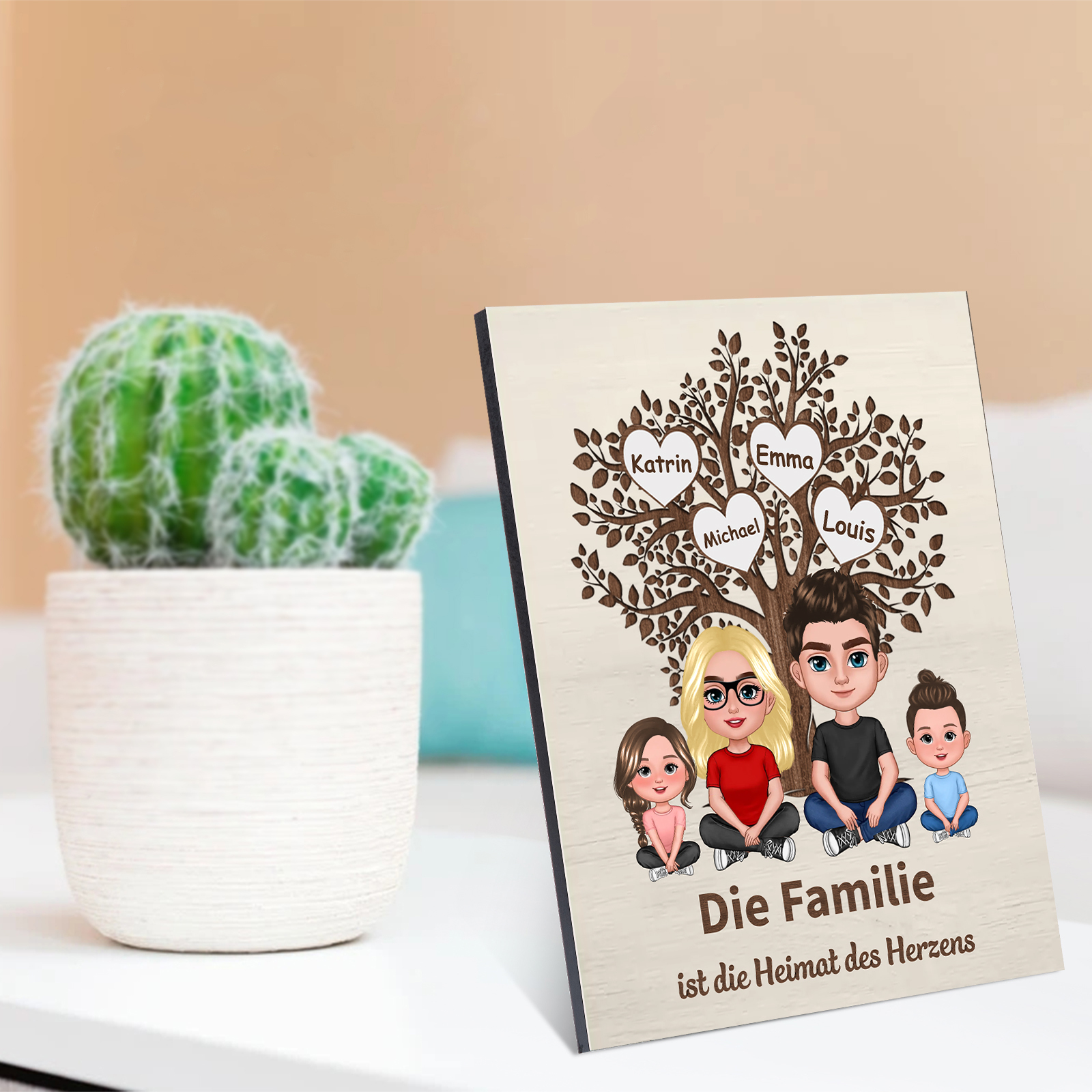 Familie Holzbild - Personalisierte 2-8 Namen auf Herzen & Familienbaum Holz Gedenkdekoration Geschenk für Familie