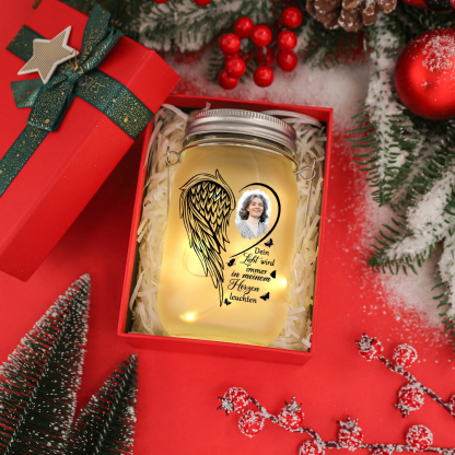 Personalisierter 1 Name Licht mit Herz & Flügel - Dein Licht wird immer in meinem Herzen leuchten - Glasflaschen zum Andenken