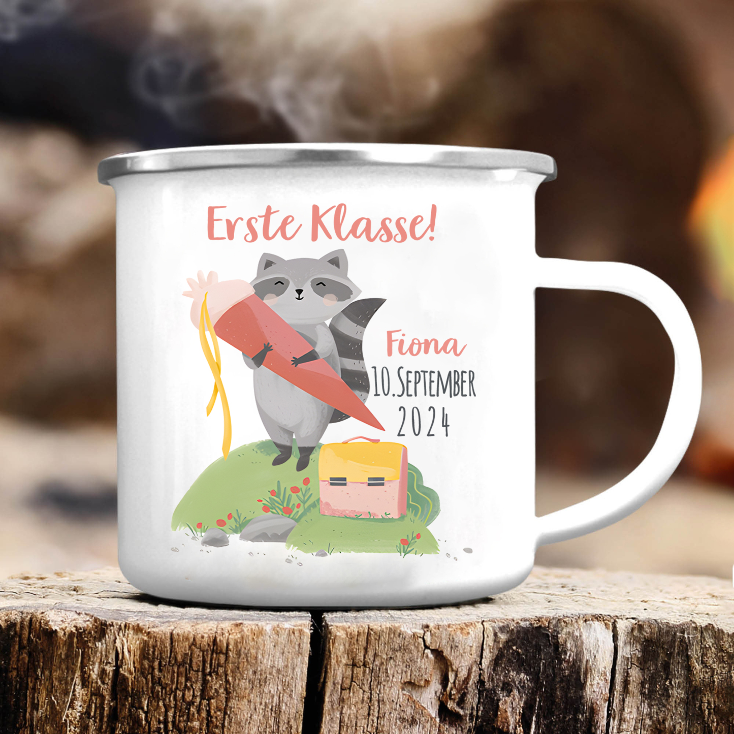 Emaille Tasse-Personalisierter Name & Datum Waschbären Becher -Erste Klasse - Geschenk zum Schulanfang