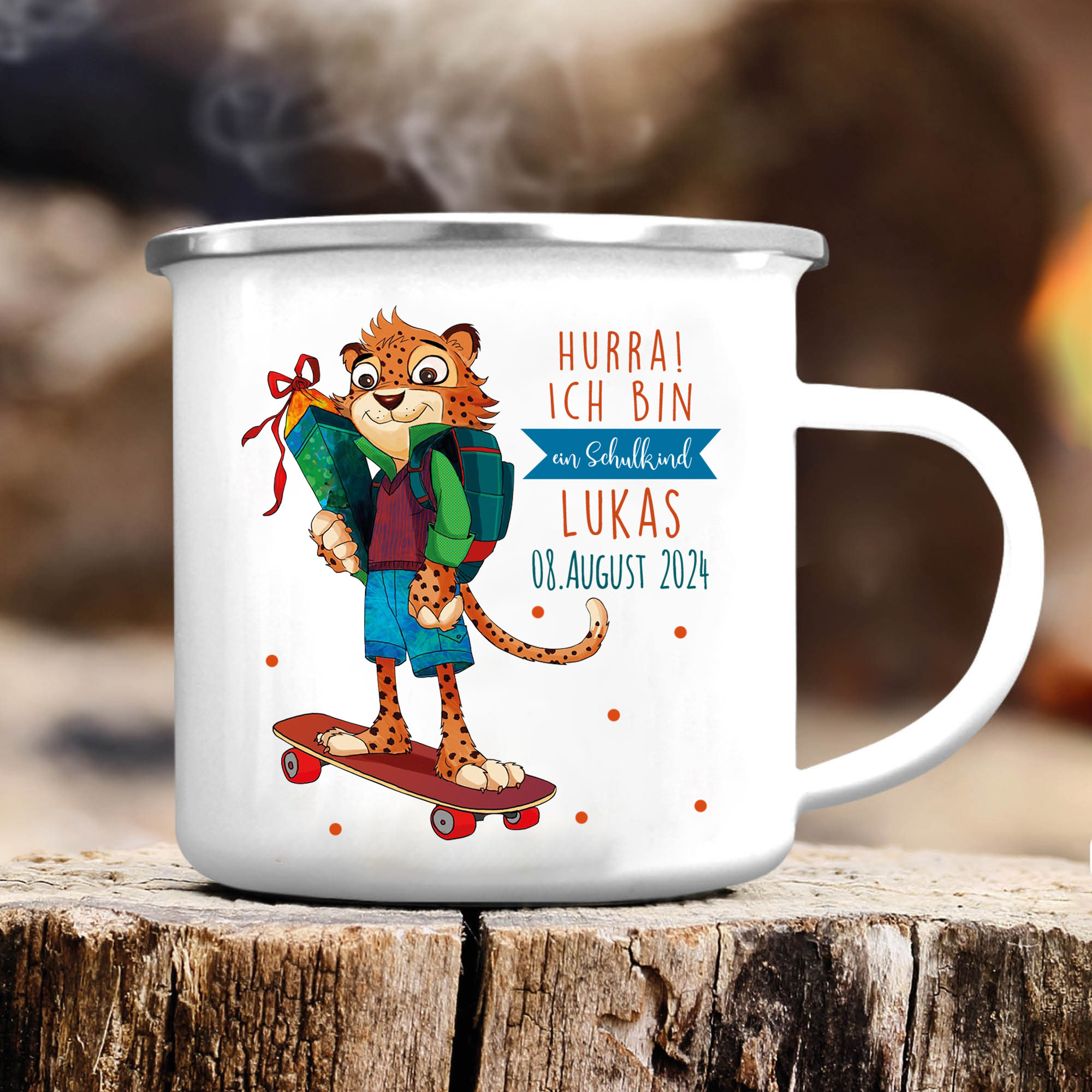 Emaille Tasse-Personalisierter Name & Datum Tiger Becher - Hurra ich bin ein Schulkind Ich kann alles schaffen - Geschenk zum Schulanfang