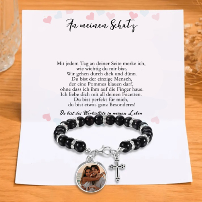 Personalisiertes Foto Armband mit Kreuzanhänger & Geschenkkarte - An meinen Schatz - Schwarz/ Rot/ Weiß/ Lila Perle Armband 