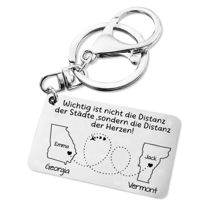 Personalisierter 3 Texte & 2 Namen & Ort Schlüsselanhänger Geschenk für Partner Paar in Fernbeziehung