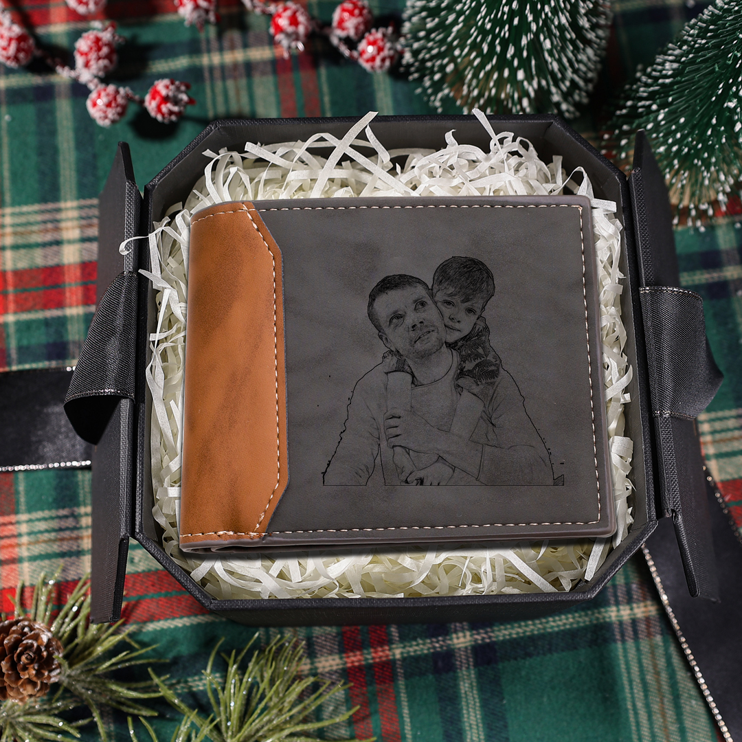 Herren Personalisierte Foto & Name & Buchstabe Grau Leder Geldbörse-Geschenk für Vater