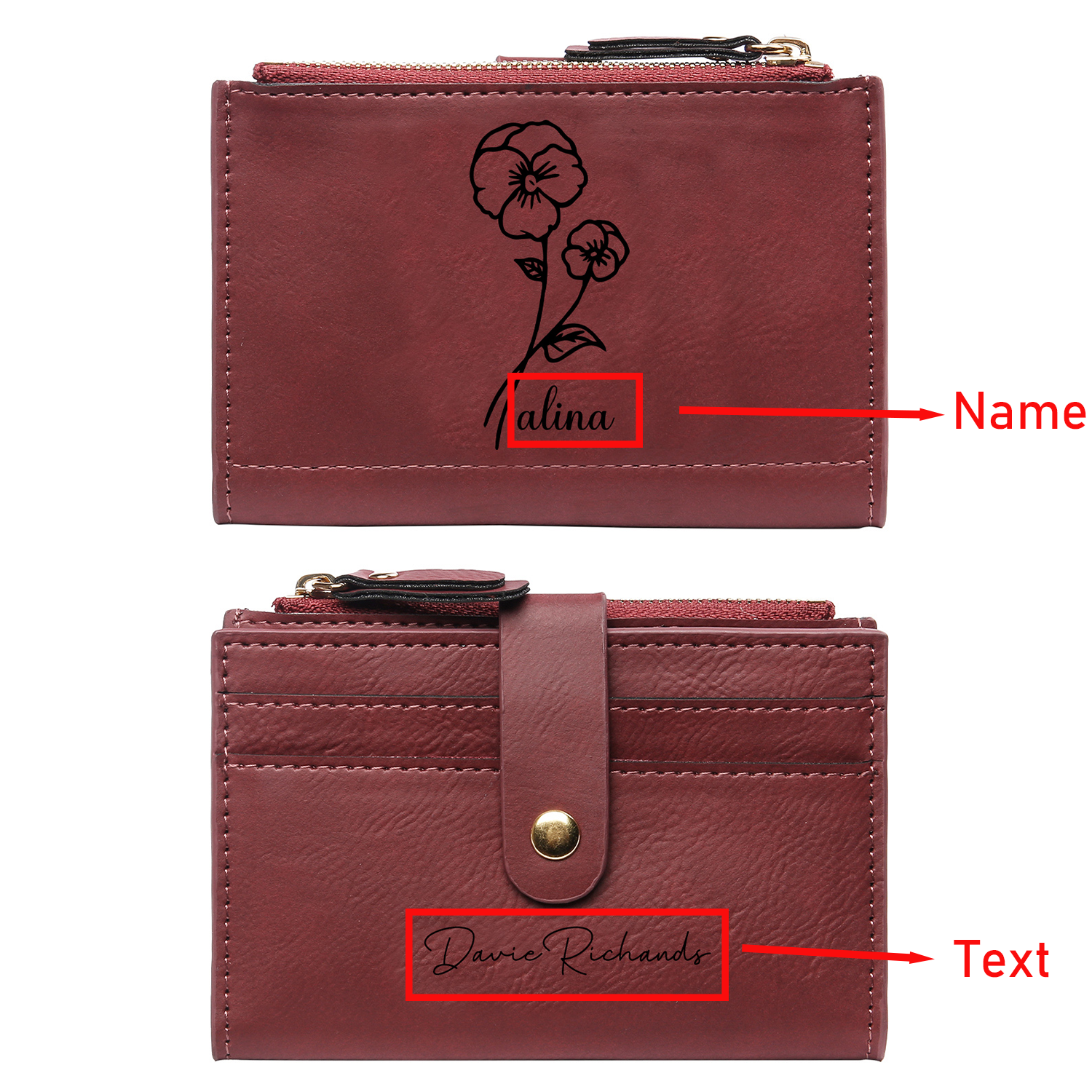 Damen Personalisierter Text & Name & Geburtsblume PU Leder Geldbörse