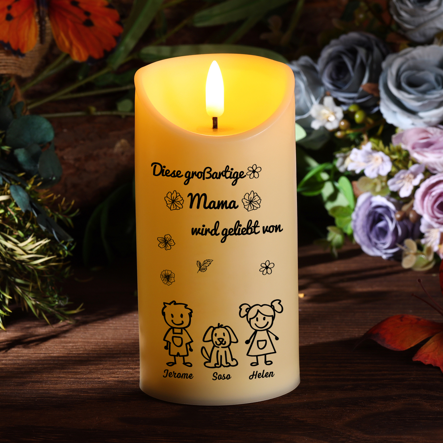 Personalisierte LED-Kerze mit 3 Namen & Muster – Diese großartige Mama wird geliebt von.. – perfektes Geschenk für Mama
