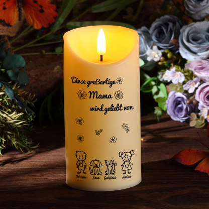Personalisierte LED-Kerze mit 4 Namen & Muster – Diese großartige Mama wird geliebt von.. – perfektes Geschenk für Mama