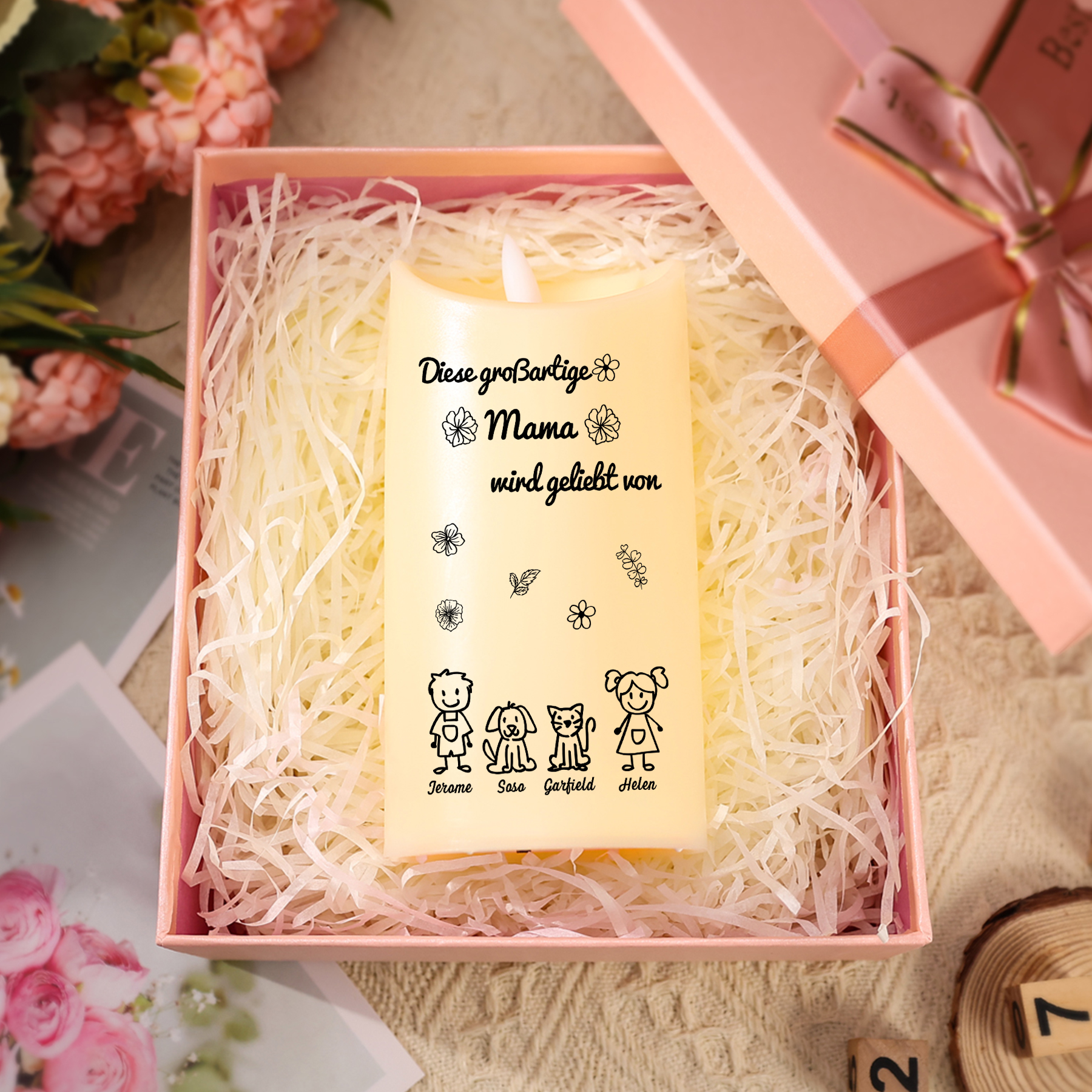 Personalisierte LED-Kerze mit 4 Namen & Muster – Diese großartige Mama wird geliebt von.. – perfektes Geschenk für Mama