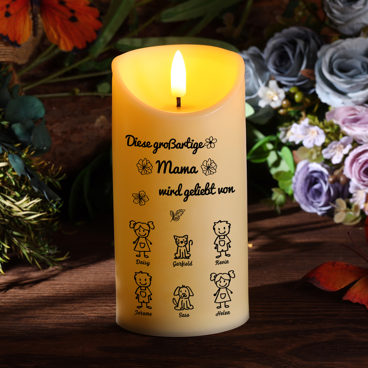 Personalisierte LED-Kerze mit 6 Namen & Muster – Diese großartige Mama wird geliebt von.. – perfektes Geschenk für Mama