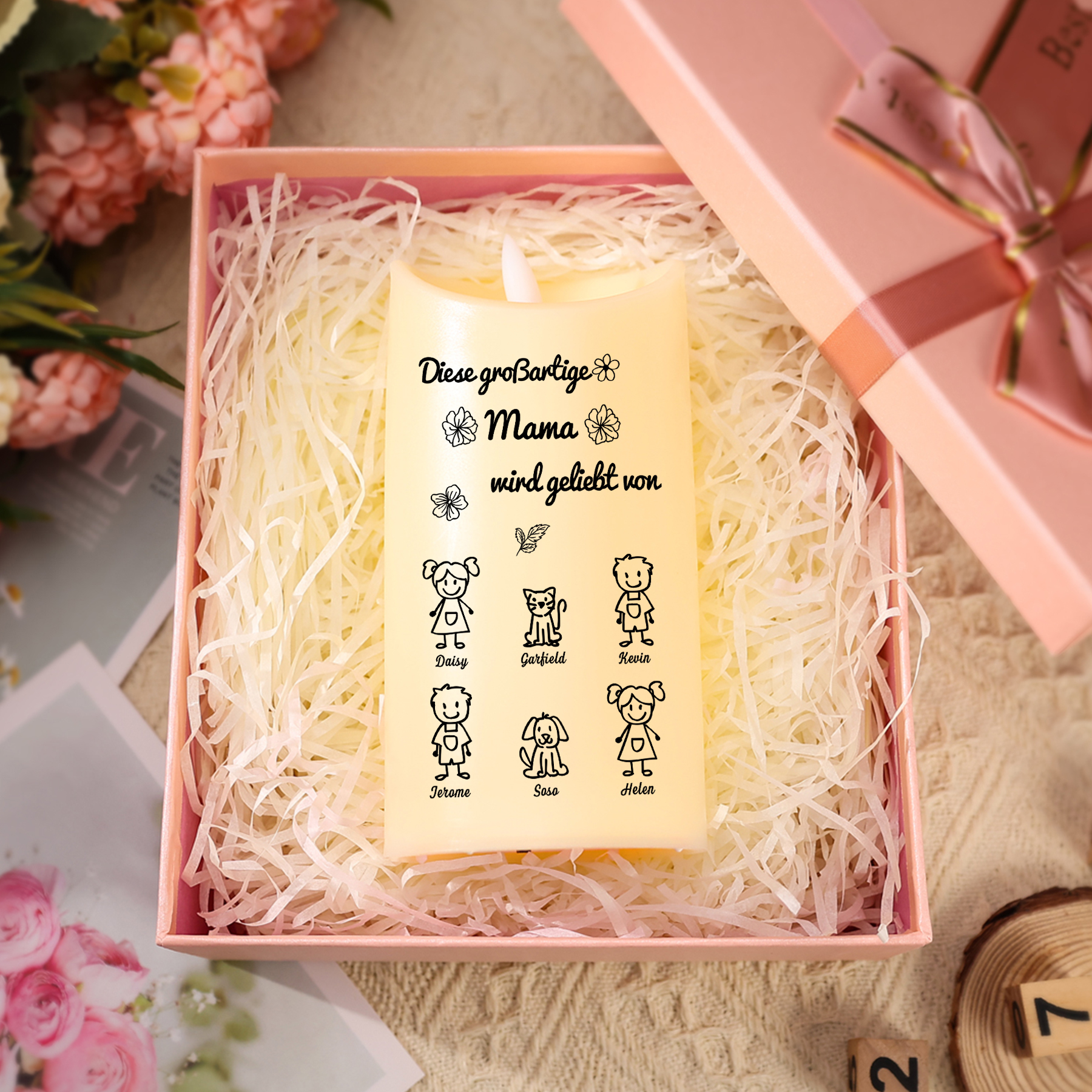 Personalisierte LED-Kerze mit 6 Namen & Muster – Diese großartige Mama wird geliebt von.. – perfektes Geschenk für Mama