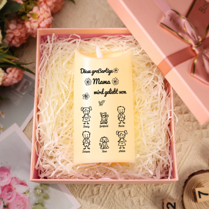 Personalisierte LED-Kerze mit 6 Namen & Muster – Diese großartige Mama wird geliebt von.. – perfektes Geschenk für Mama