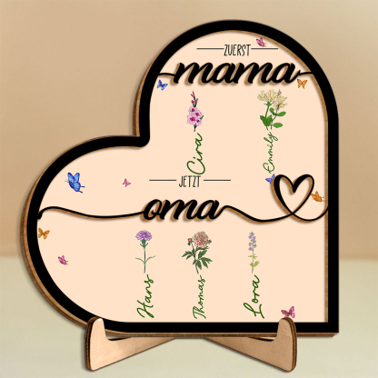 Herz-Holz Deko-Personalisierbare 1-10 Namen & Geburtsblume Ornament Zuerst Mama Jetzt Oma Holzdekoration für Mutter/Großmutter