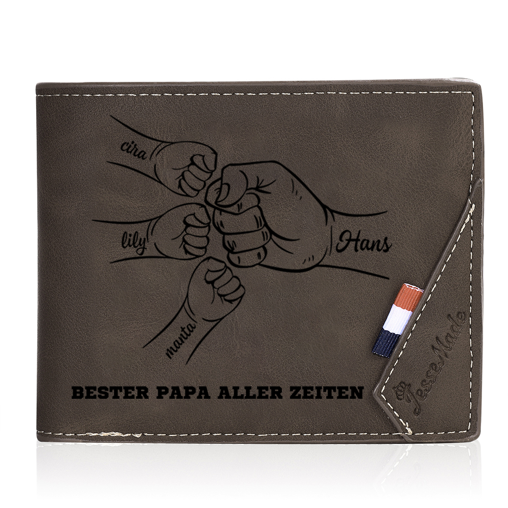 Herren Personalisiertes 1-7 Namen -Bester Papa aller Zeiten- Leder Geldbörse mit Faust-Geschenk für Vater
