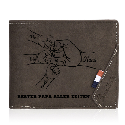 Herren Personalisiertes 1-7 Namen -Bester Papa aller Zeiten- Leder Geldbörse mit Faust-Geschenk für Vater