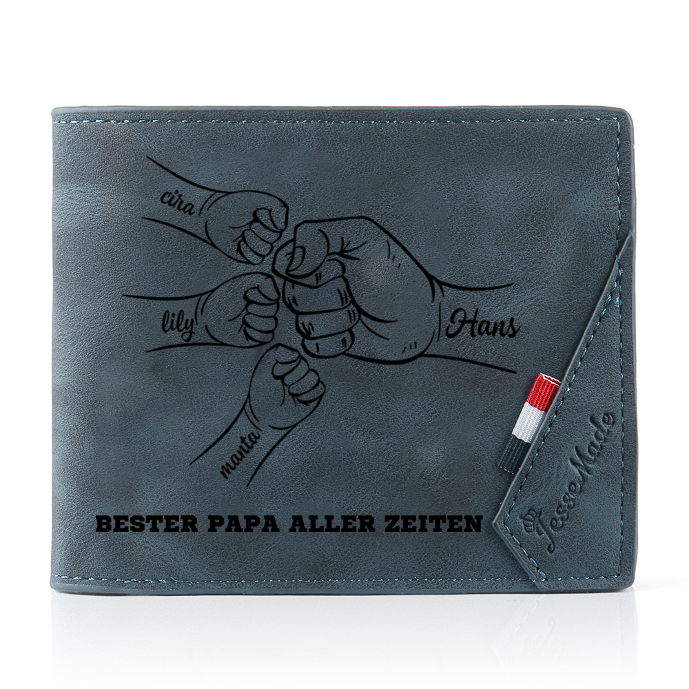 Herren Personalisiertes 1-7 Namen -Bester Papa aller Zeiten- Leder Geldbörse mit Faust-Geschenk für Vater