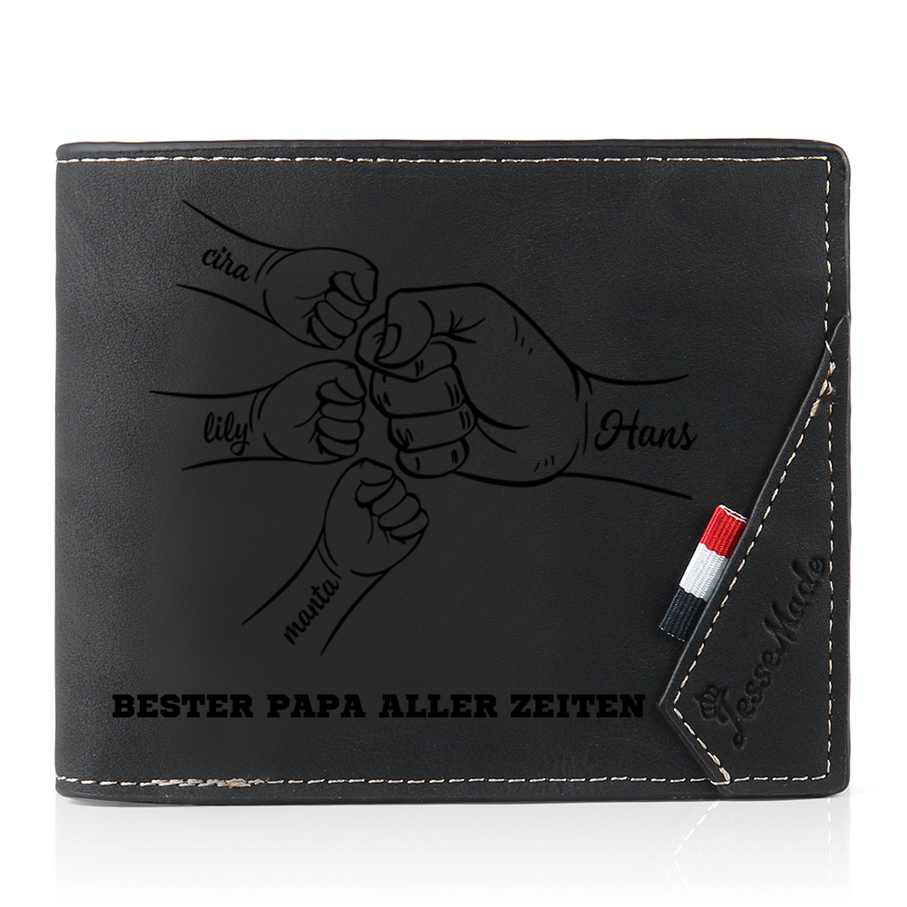 Herren Personalisiertes 1-7 Namen -Bester Papa aller Zeiten- Leder Geldbörse mit Faust-Geschenk für Vater