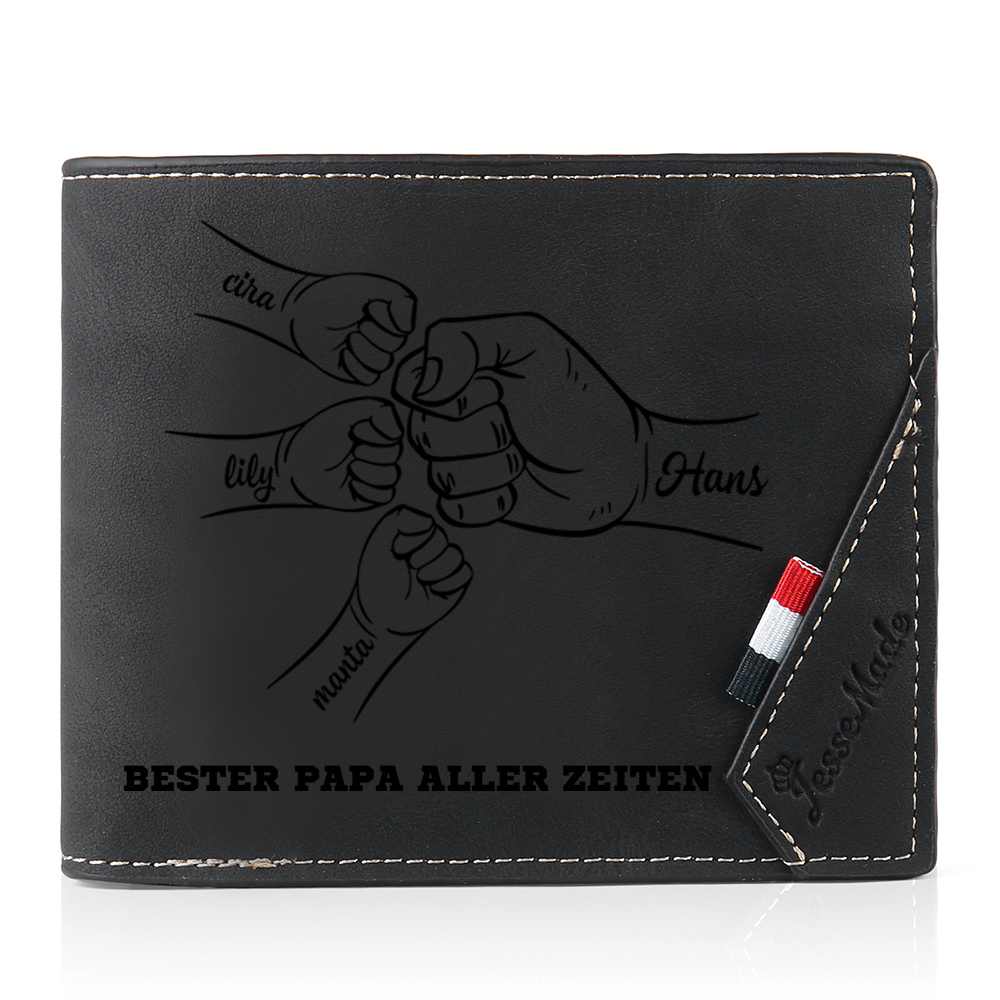 Herren Personalisiertes 1-7 Namen -Bester Papa aller Zeiten- Leder Geldbörse mit Faust-Geschenk für Vater